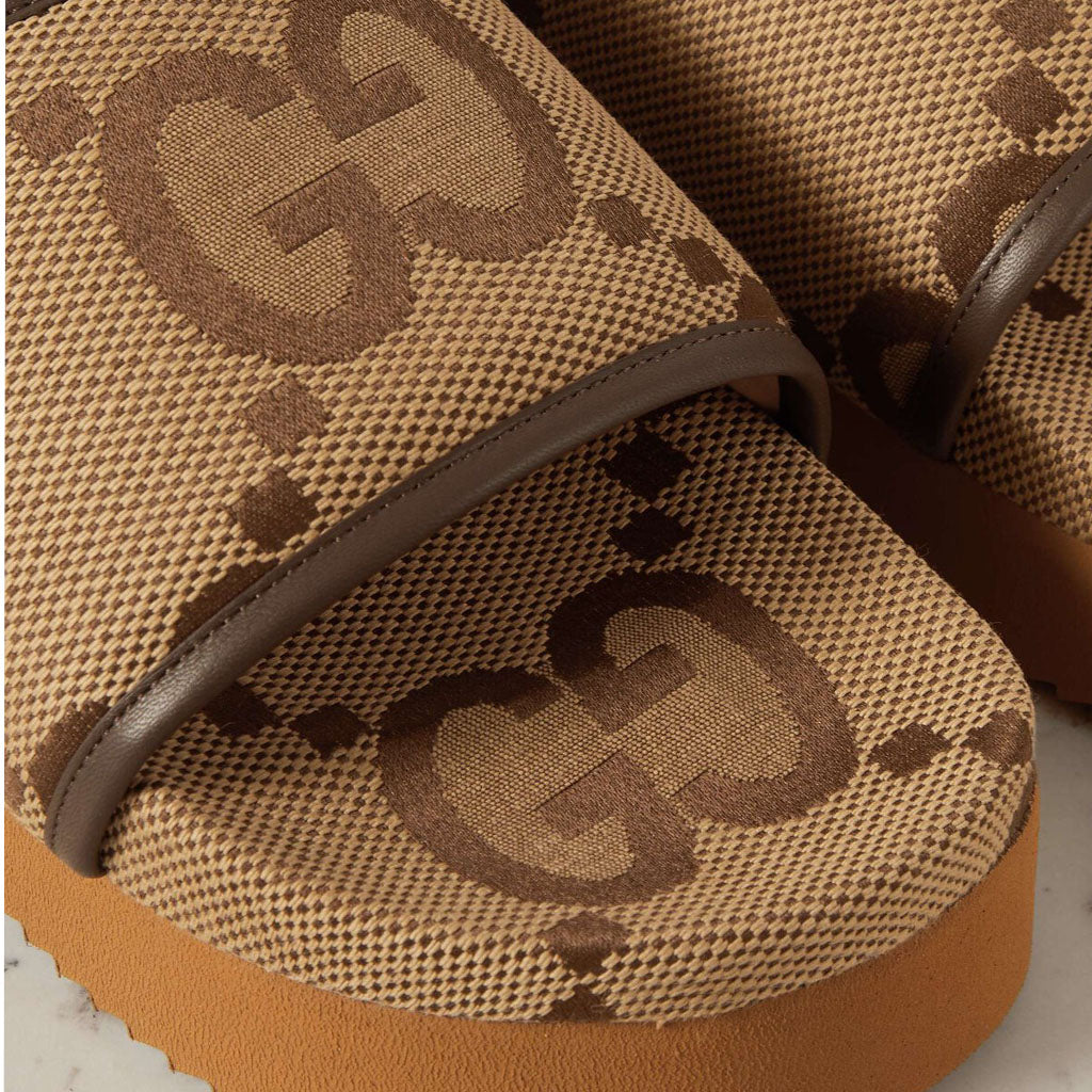 GUCCI BEIGE SIDELINE JUMBO CANVAS PLATFORM SLIPPER